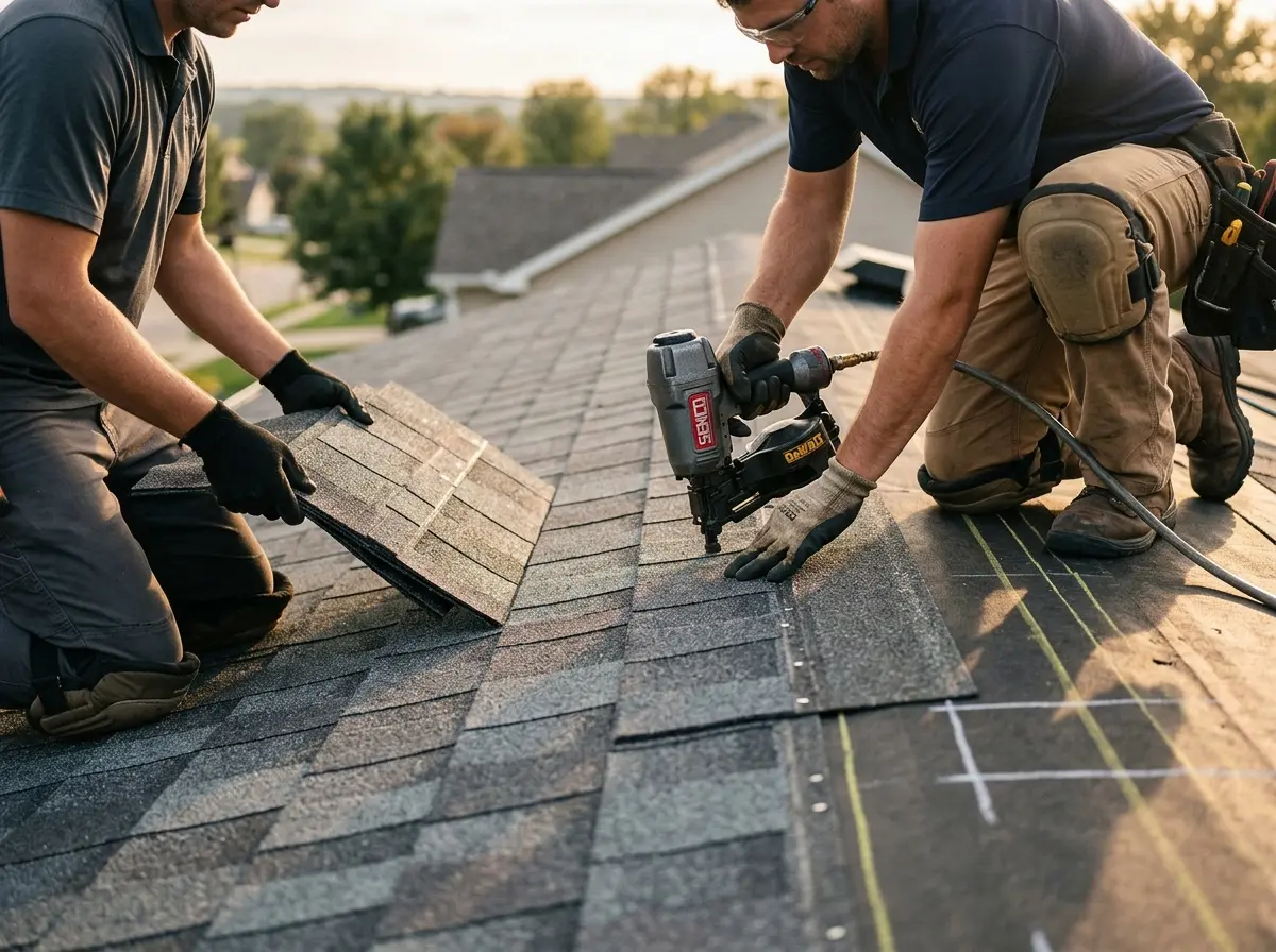 Professional roofer working on a residential roof in Oakwood